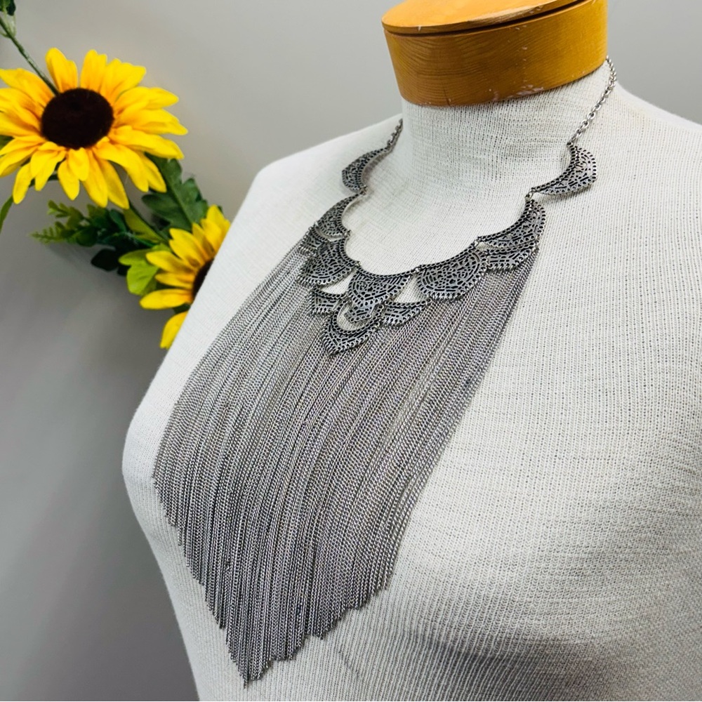 Silver Tone Bib Statement Necklace Intricate Bold Design, Chic Fashion Accessory